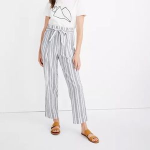 linen-cotton paper bag pants in dark Baltic stripe